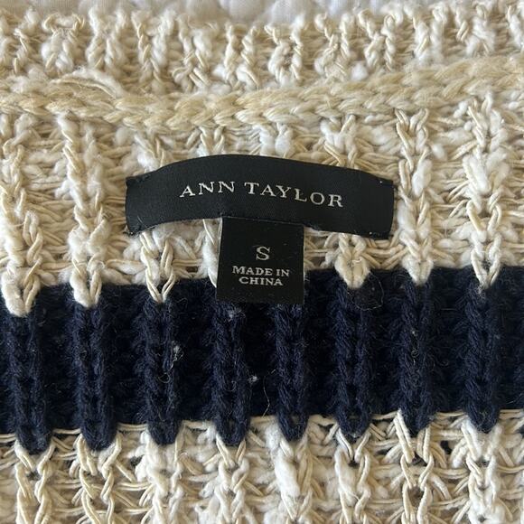Ann Taylor Womens Stucco Knit Sweater Navy Winter White Stripe Cotton - S - Picture 6 of 10